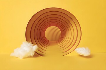 3d render, abstract minimal background with white clouds flying out the tunnel