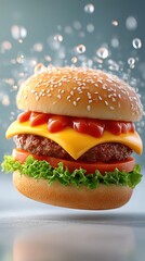 Delicious double cheeseburger in mid-air with splashes.