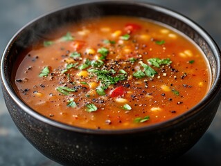 A steaming bowl of hearty tomato soup garnished with herbs and spices