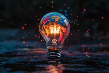 Glowing Filament Lightbulb with Colorful Splatters on Transparent Background