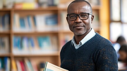 Thoughtful male educator holding a book while standing in a library with shelves filled with books and students in the background, engaging in learning