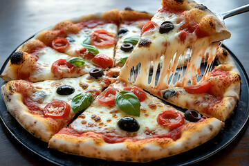 Close-Up of a Delicious Pizza with Melted Cheese Olives and Tomatoes