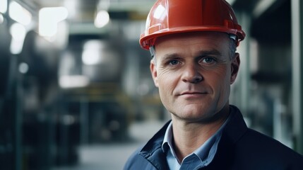 Professional male worker wearing safety helmet, standing confidently in industrial environment with blurred machinery in background, focusing on safety and responsibility