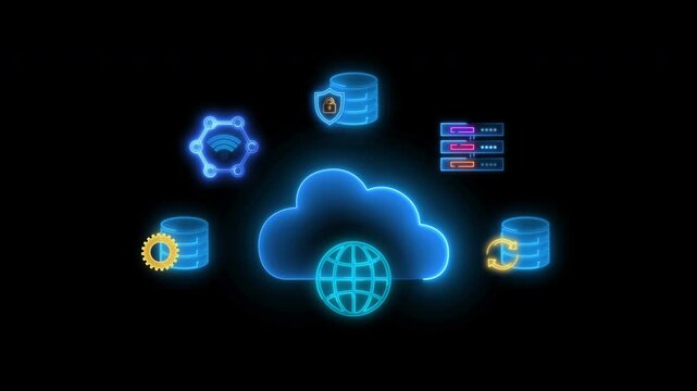 Cloud technology concept for data management system, online database storage, networking and internet service. Information system for business. Animated cloud computing icon on transparent background.