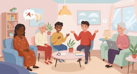 Fototapeta premium Diverse Group of Friends Engaging in Lively Conversation in a Cozy Living Room Setting