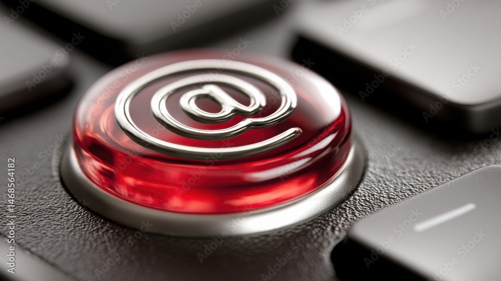 Poster close-up of red computer keyboard button featuring email icon next to ai node symbolizing marketing 
