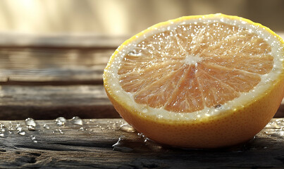 Closeup of a Juicy Grapefruit Half on Wooden Surface