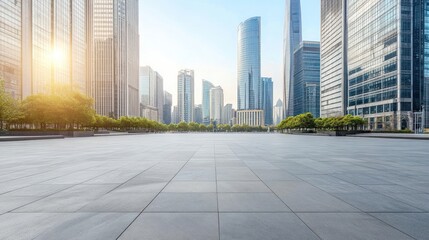 A large plaza with skyscrapers and trees on a sunny day