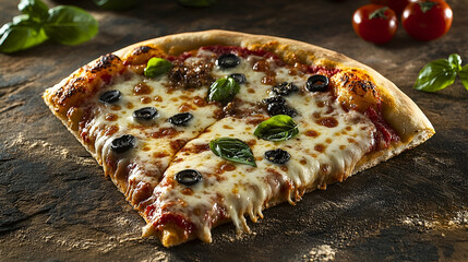 Closeup of a Pizza Slice with Melted Cheese Olives and Basil