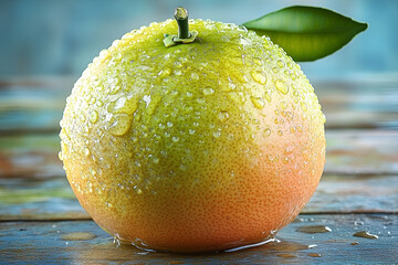 Closeup of a Ripe Grapefruit with Water Droplets on Wooden Surface
