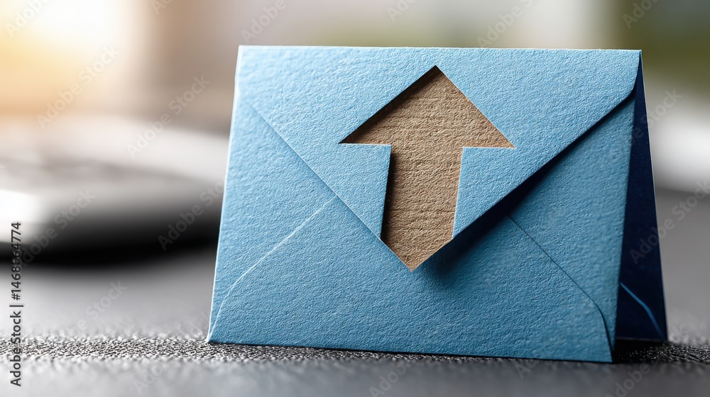 Poster blue envelope with a paper arrow pointing upward representing progress and growth in communication c