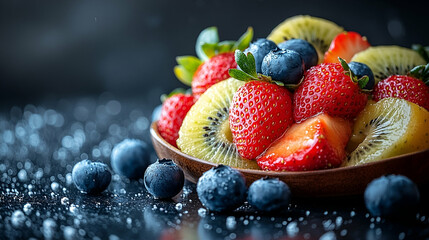 Closeup of Fresh Berries and Kiwi Slices in a Wooden Bowl