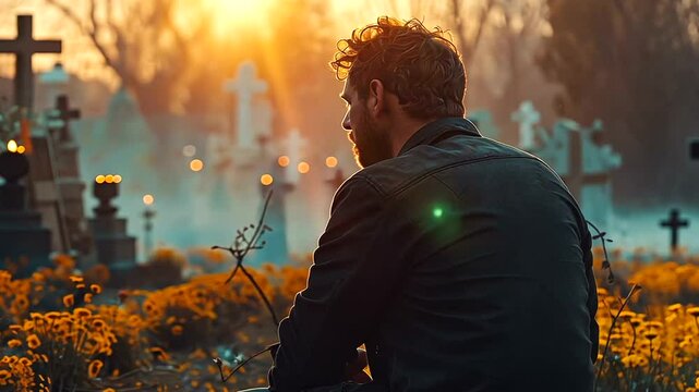 Mournful man amidst floral cemetery with crosses