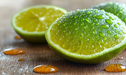 Closeup of Juicy Limes with Honey on Wooden Surface