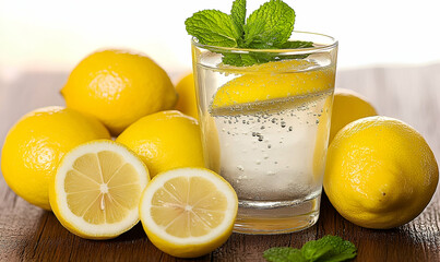 Closeup of Lemons and a Glass of Sparkling Water with Mint