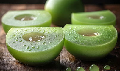 Closeup of Juicy Green Kiwi Fruit Slices on Wooden Board