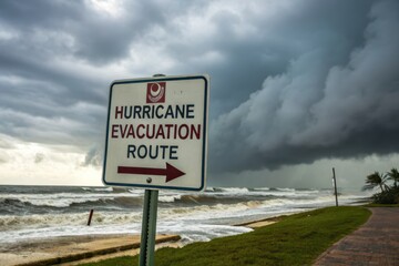 Hurricane Evacuation Route Sign Under Dark Stormy Skies