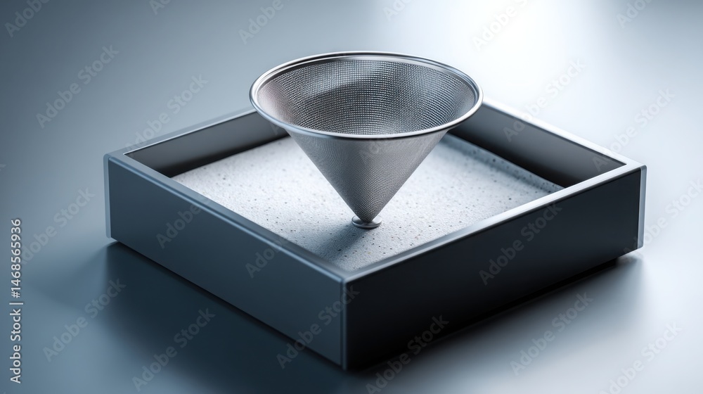 Poster a funnel positioned on a tray representing a conceptual filter for organized information and efficie