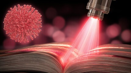 An open book emitting light symbolizing the concept of ai reading through a scanning beam from the eye icon