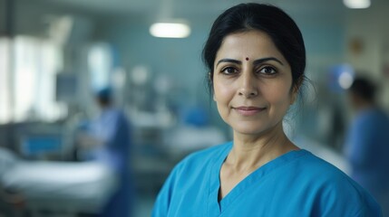 Female healthcare professional in scrubs smiling confidently in hospital environment with blurred medical equipment in background
