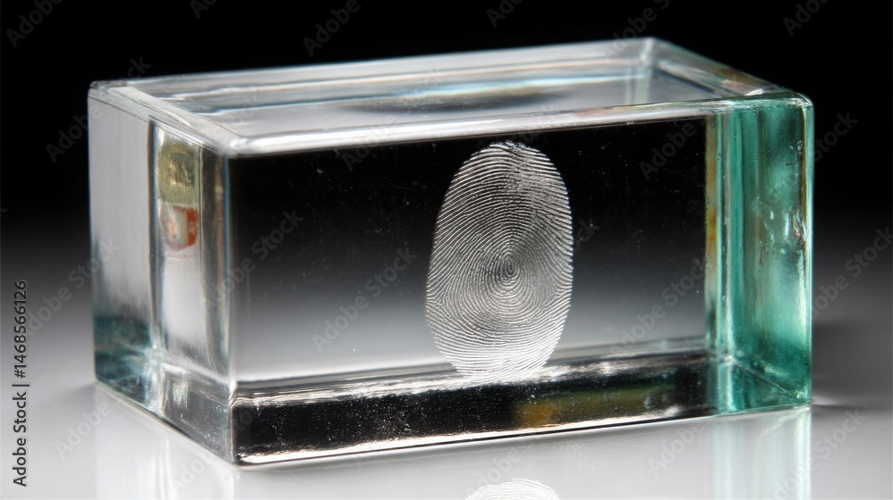Poster a fingerprint encased in a glass block representing the intersection of art and digital identity in 