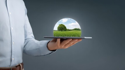 A businessperson holding a tablet device displaying a holographic projection of a natural landscape with a tree and palm against a serene sky background symbolizing technology s with the environment