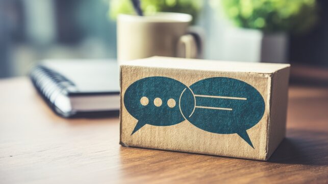 A creative box with a speech bubble above it representing feedback and post-purchase communication strategies