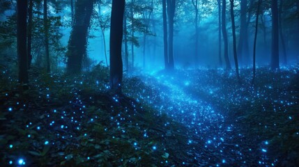 Obraz premium A mysterious forest filled with glowing blue lights and trees