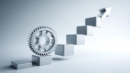 Technology empowerment illustrated by a gear wheel on a white background with floating chart arrow conceptualization