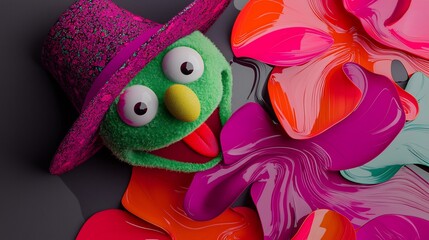 Funny puppet with colorful paint splatters