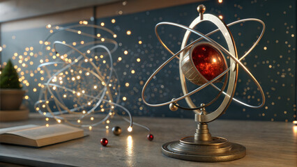 Ornate Armillary Sphere Surrounded by Glowing Lights on a Desk Setting