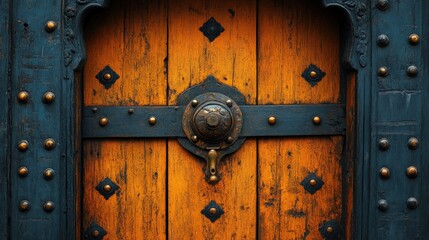 Fototapeta premium Ornate wooden door with metal accents