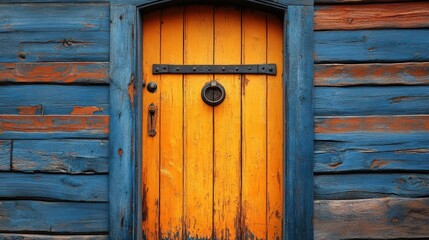 Vintage wooden door on a weathered blue cabin