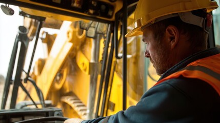 Focused operator inside large construction machine.
