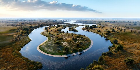 Obraz premium Stunning photorealistic view of a serene river delta landscape from above nature photography