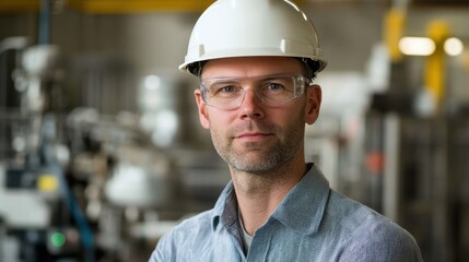 Confident Male Engineer in Hard Hat and Safety Glasses Standing in Modern Industrial Environment with Machinery in Background