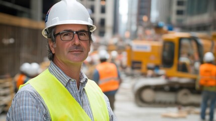 Construction Site Foreman in Safety Gear with Background of Workers and Machinery in Urban Setting, Focus on Leadership and Safety Protocols