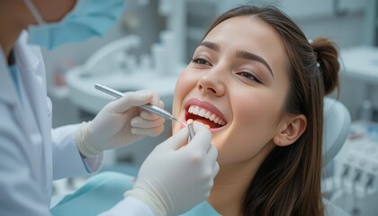 A woman is getting her teeth cleaned by a dentist