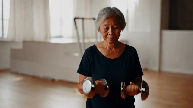 Senhora praticando exerc&iacute;cio f&iacute;sico com alteres.