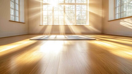 Obraz premium Sunbeams Streaming Through Large Window Onto Hardwood Floor with Yoga Mat