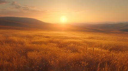 Golden meadow at sunrise. Lush field of tall grass under a warm golden sunset