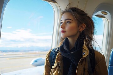 Young Woman Traveler Looking Out Airplane Window Air Travel Journey