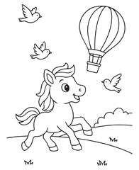 Coloring book pony runs under a hot air balloon with birds flying around. 