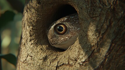 Obraz premium Close-up view of a small bird's head peering from a tree hollow.