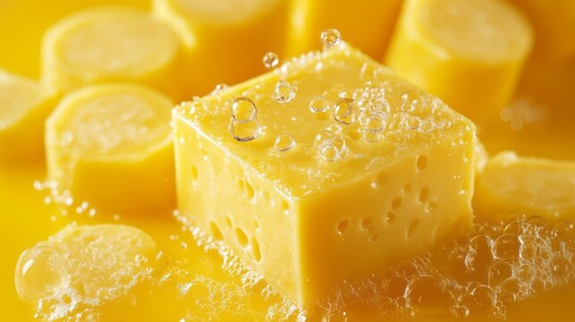 Close-up view of yellow cheese cubes in a liquid.