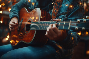 Fototapeta premium Man playing guitar in front of Christmas tree.