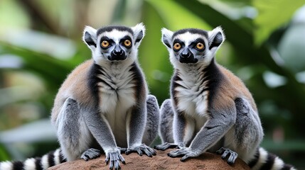 Fototapeta premium Two ring-tailed lemurs facing forward, side-by-side on a rock, in a lush green background
