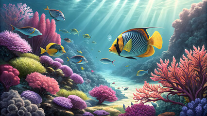 Tropical fish swimming near coral reef underwater