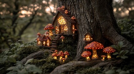 Fototapeta premium Magical fairy village hidden a tree glowing mushrooms and delicate fairy lights cinematic enchanted woodland