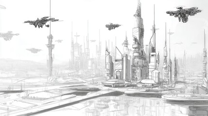 Fototapeta premium Monochrome futuristic city landscape with aerial vehicles.